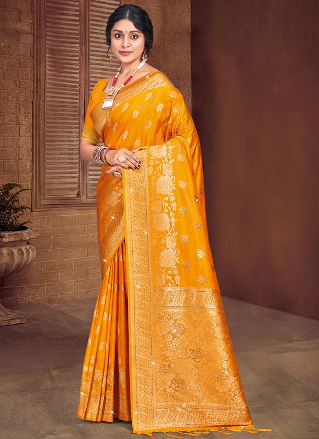 Silk Orange Wedding Wear Zari Work Saree